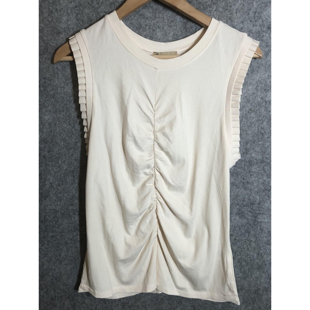 Democracy Tank Top Womens Medium White Ruched Knit Pleated Ruffle Shoulder